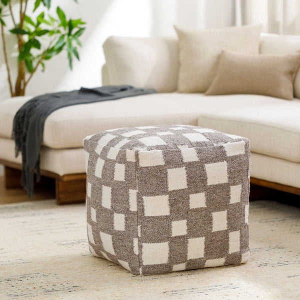 Jacinta Pouf in taupe, styled in a room