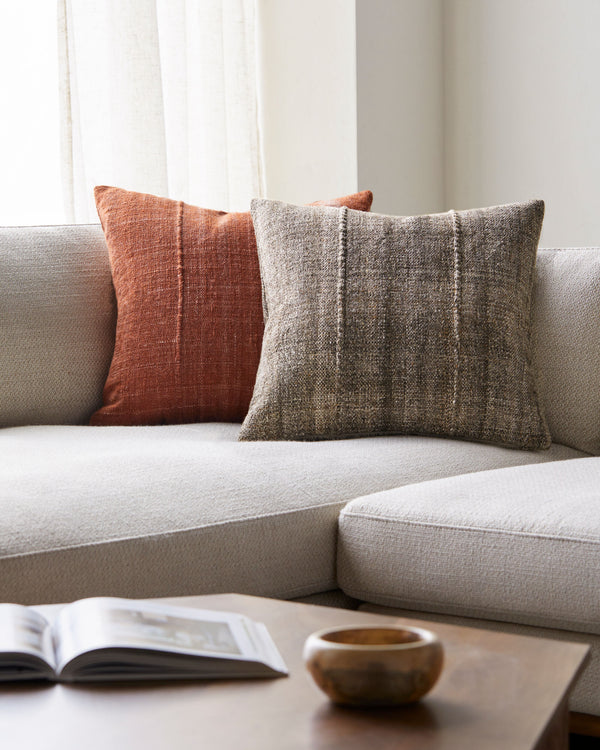 Mudcloth Accent Pillow MUO-005 in Taupe, styled in a room