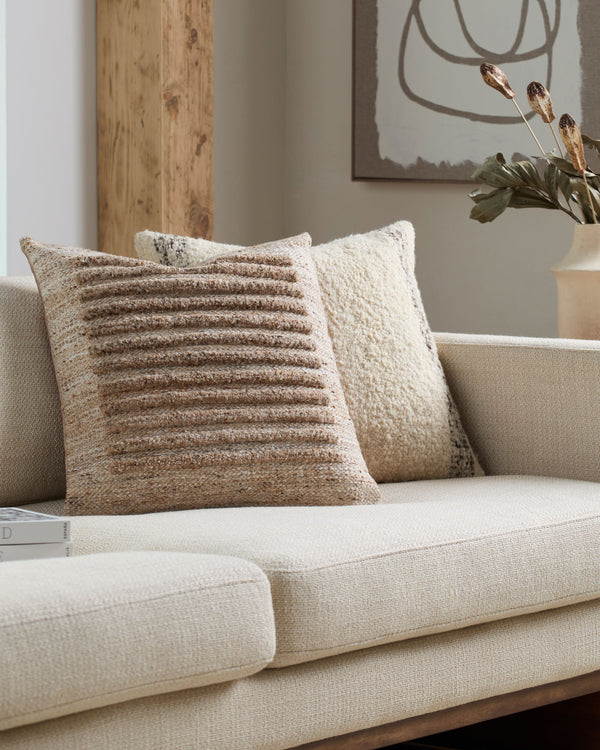 Nadra Accent Pillow NDRA-001 in Tan, styled in a room