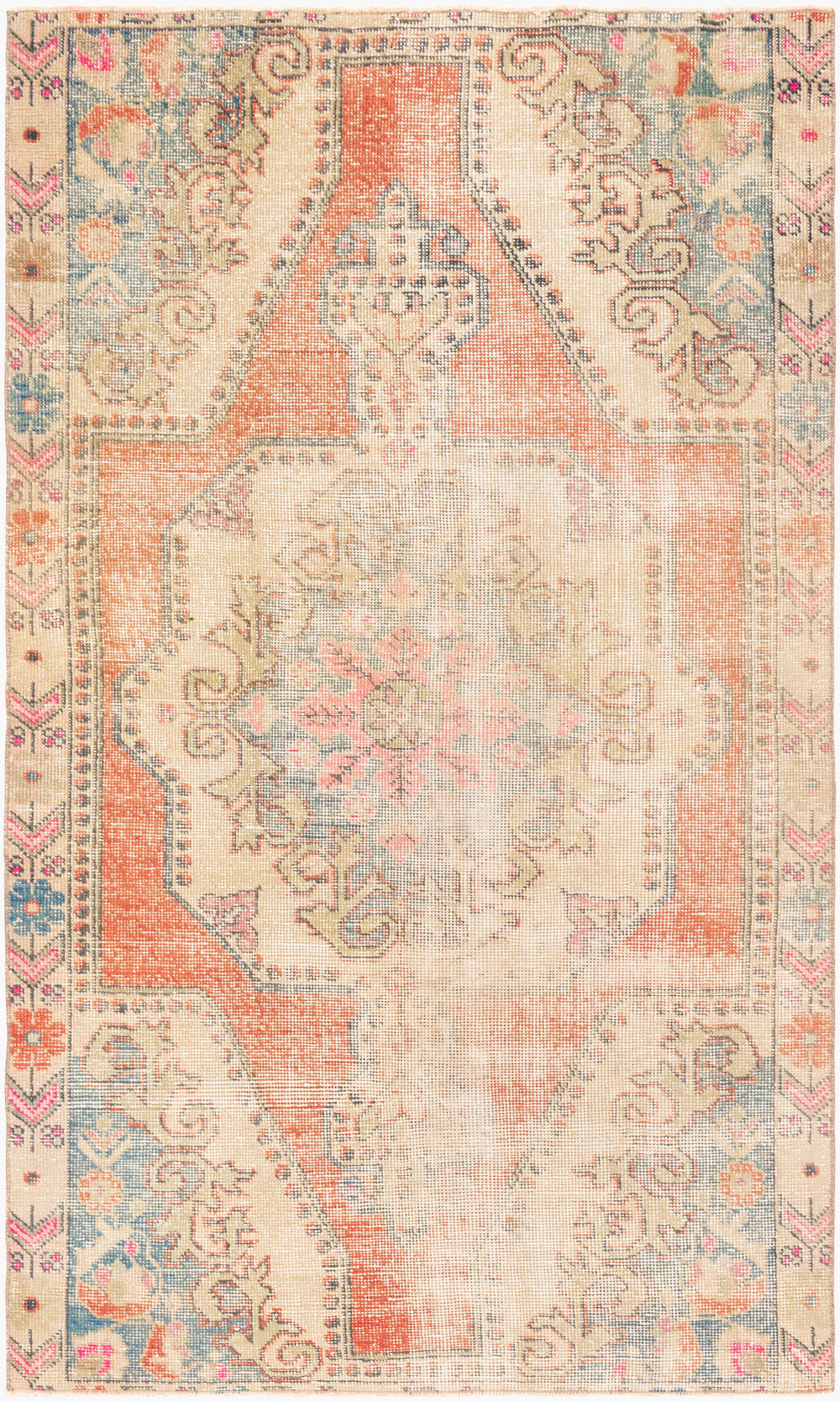 Antique Turkish hand-knotted rug in coral, 4' x 6'8", full view
