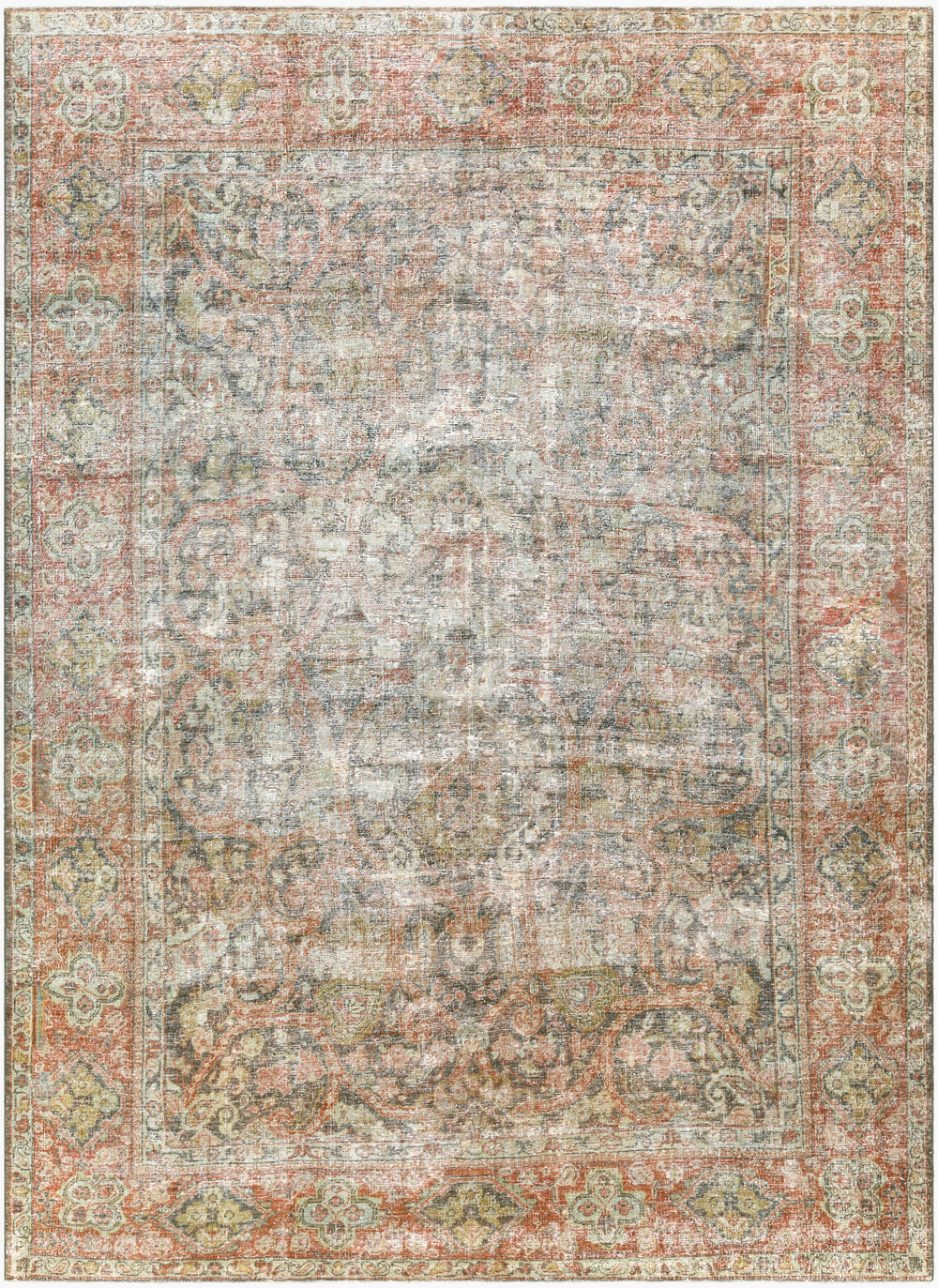 Antique Turkish hand-knotted rug in olive, 8'6" x 11'7", full view