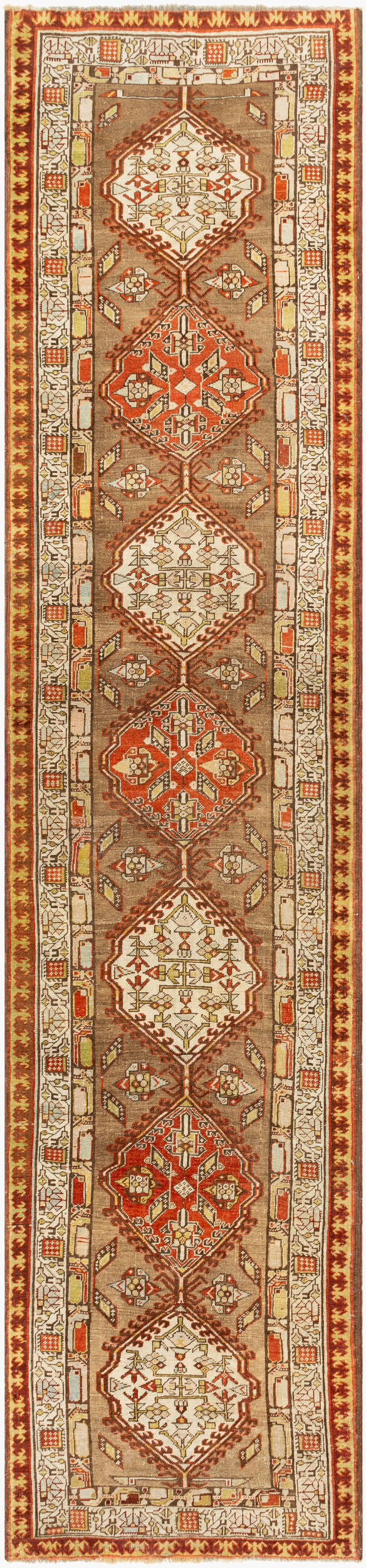 Antique Turkish hand-knotted rug in burnt sienna, 3'3" x 14'3", full view