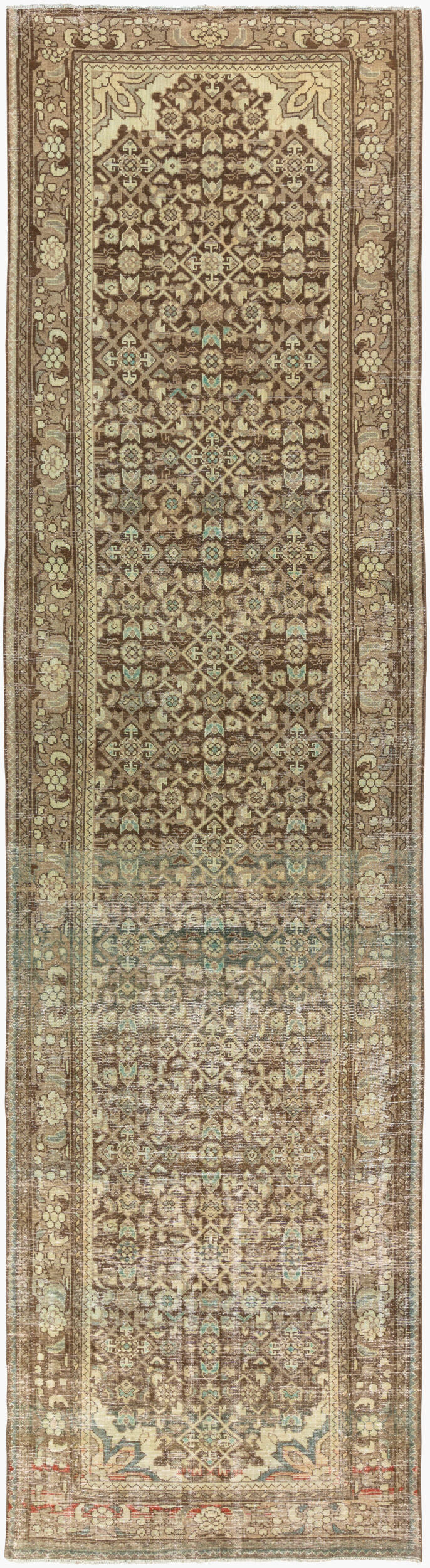 Antique Turkish hand-knotted rug in taupe, 3'7" x 13'6", full view