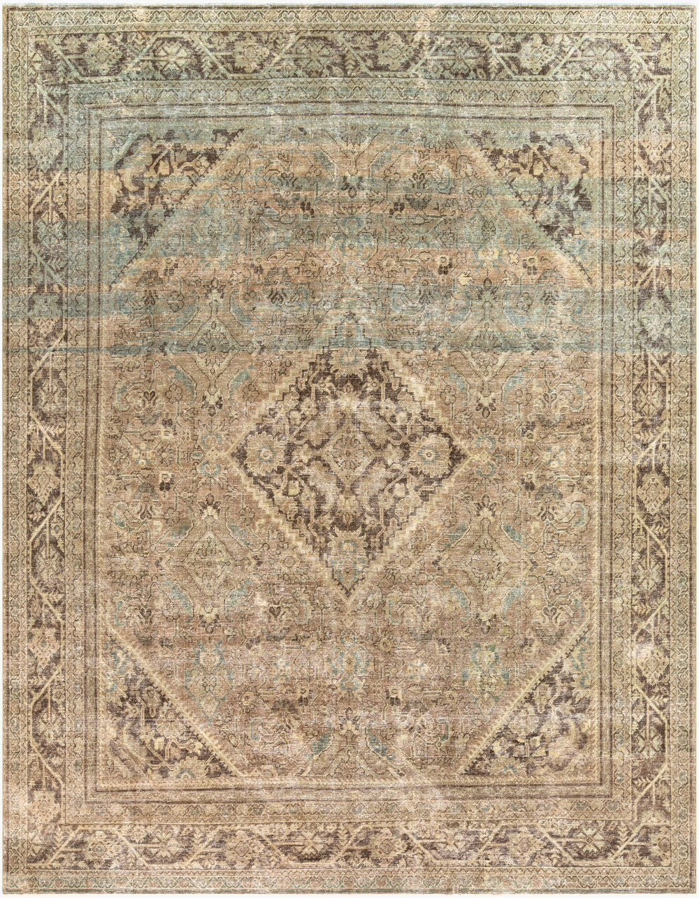 Antique Turkish hand-knotted rug in sage, 10' x 12'11", full view