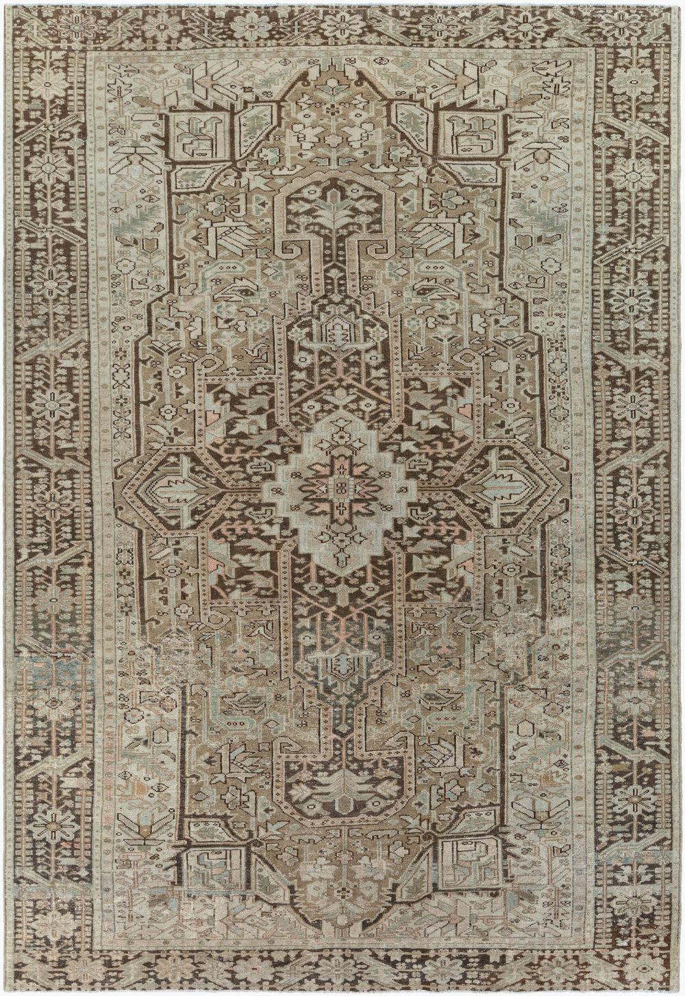Antique Turkish hand-knotted rug in taupe, 7' x 9'11", full view