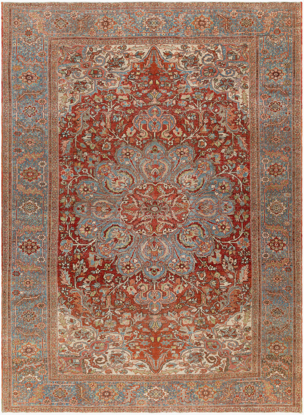 Antique Turkish hand-knotted rug in rust, 9' x 12'6", full view