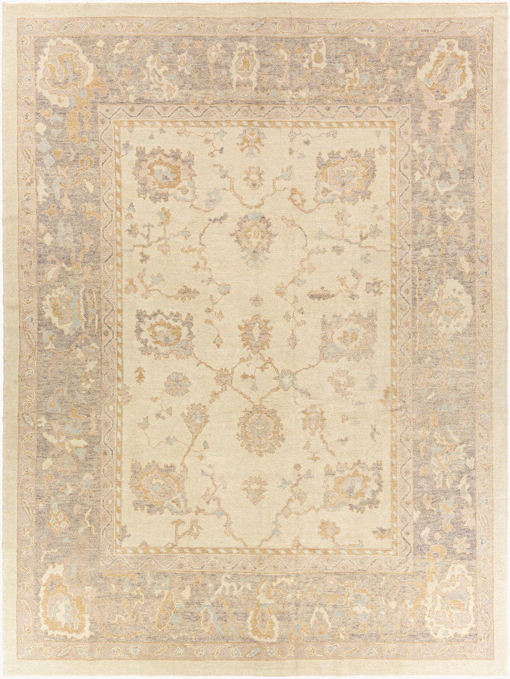 Antique Turkish hand-knotted rug in ivory, 10'4" x 14'1", full view