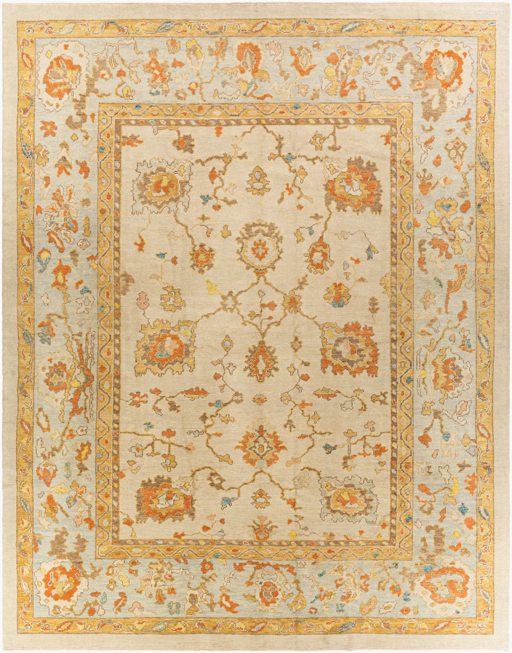 Antique Turkish hand-knotted rug in beige, 10'4" x 13'2", full view