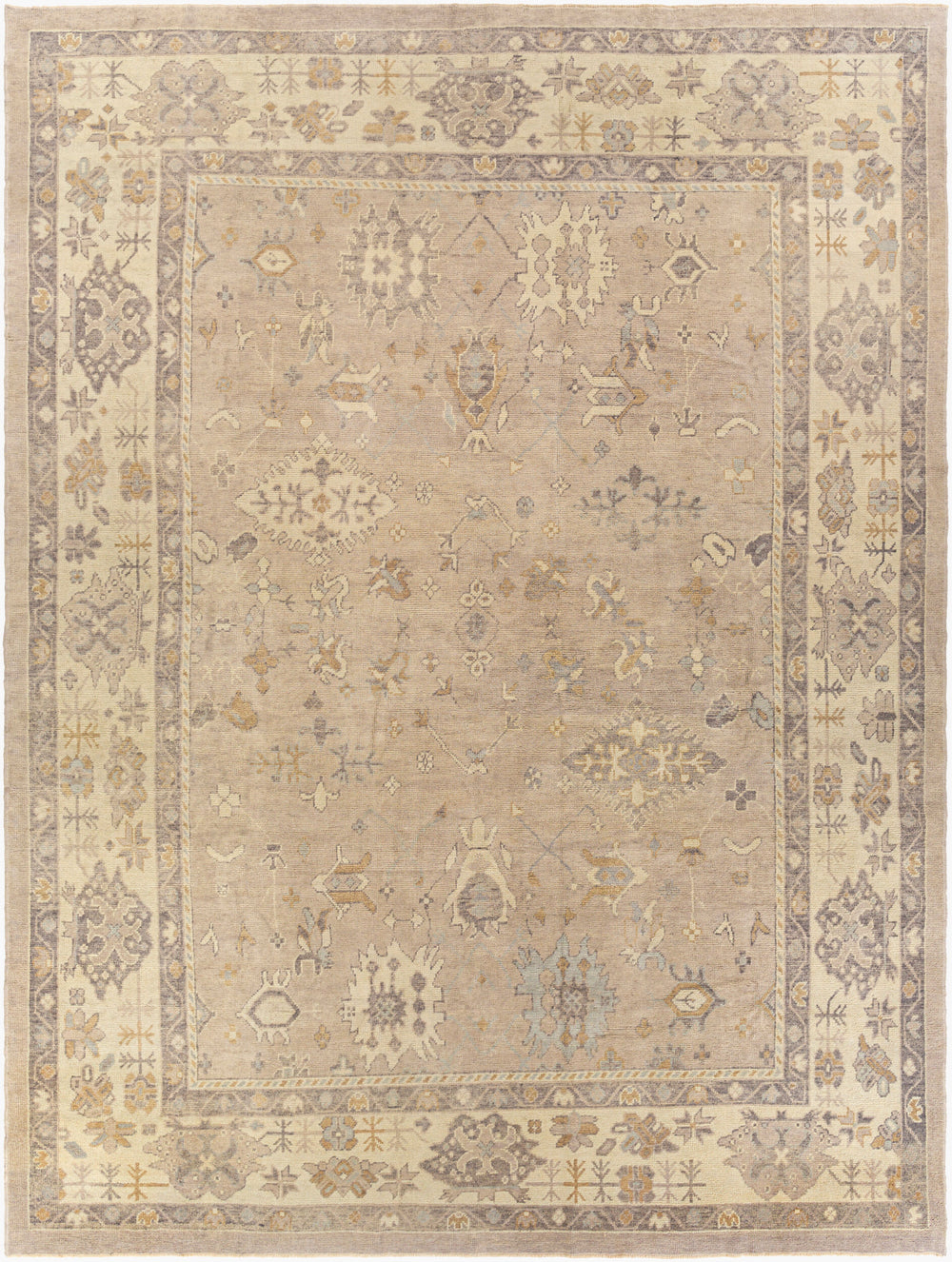 Antique Turkish hand-knotted rug in beige, 10'8" x 14'3", full view