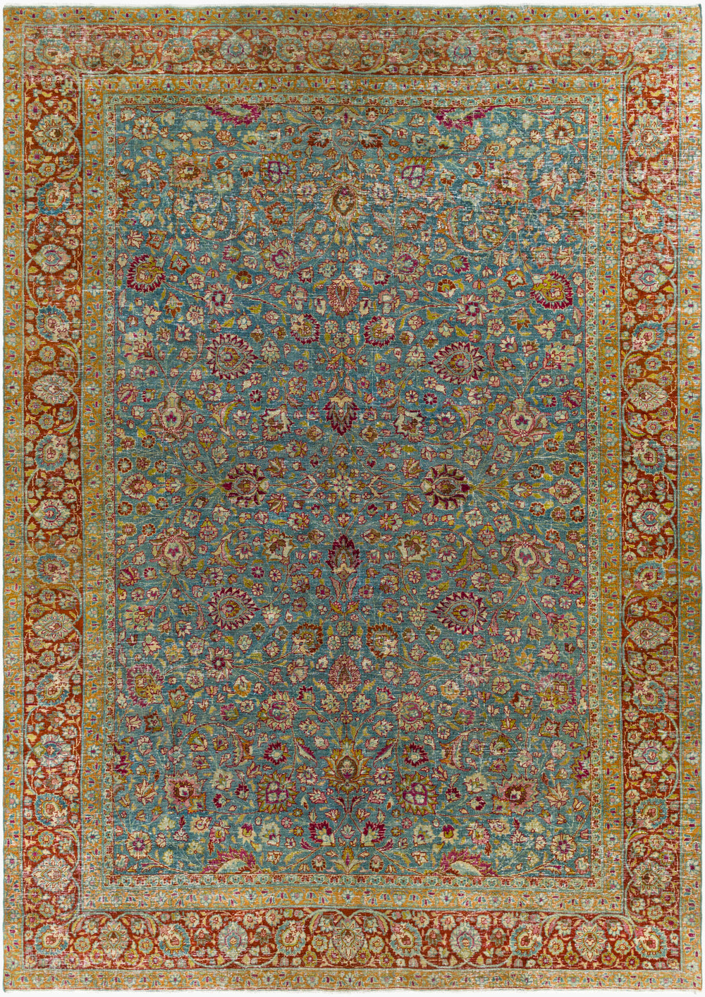 Antique Turkish hand-knotted rug in sky blue, 8'2" x 11'8", full view