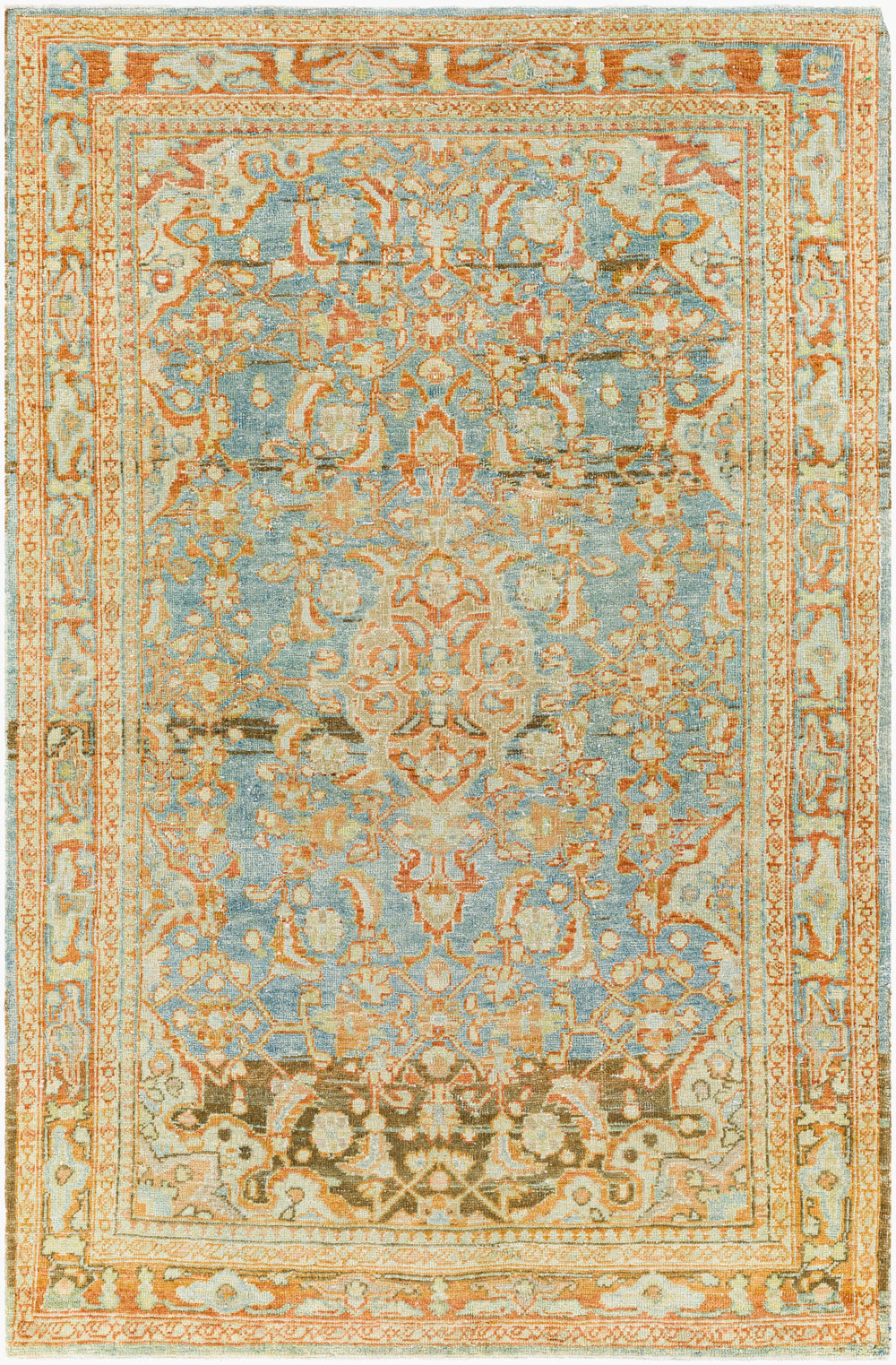 Antique Turkish hand-knotted rug in sky blue, 4'4" x 6'5", full view