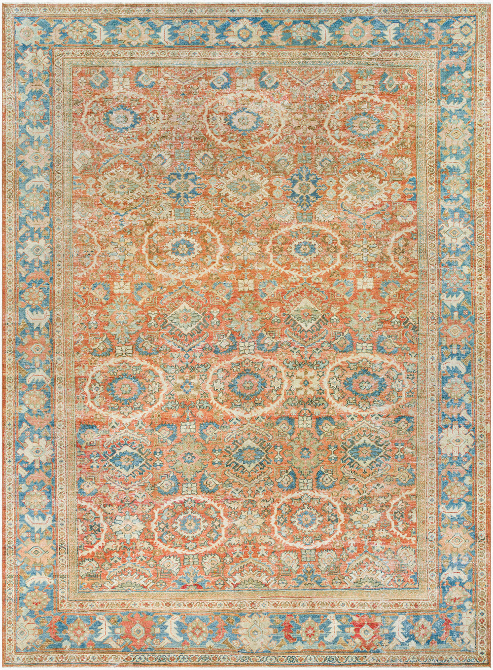 Antique Turkish hand-knotted rug in rust, 8'4" x 11'8", full view