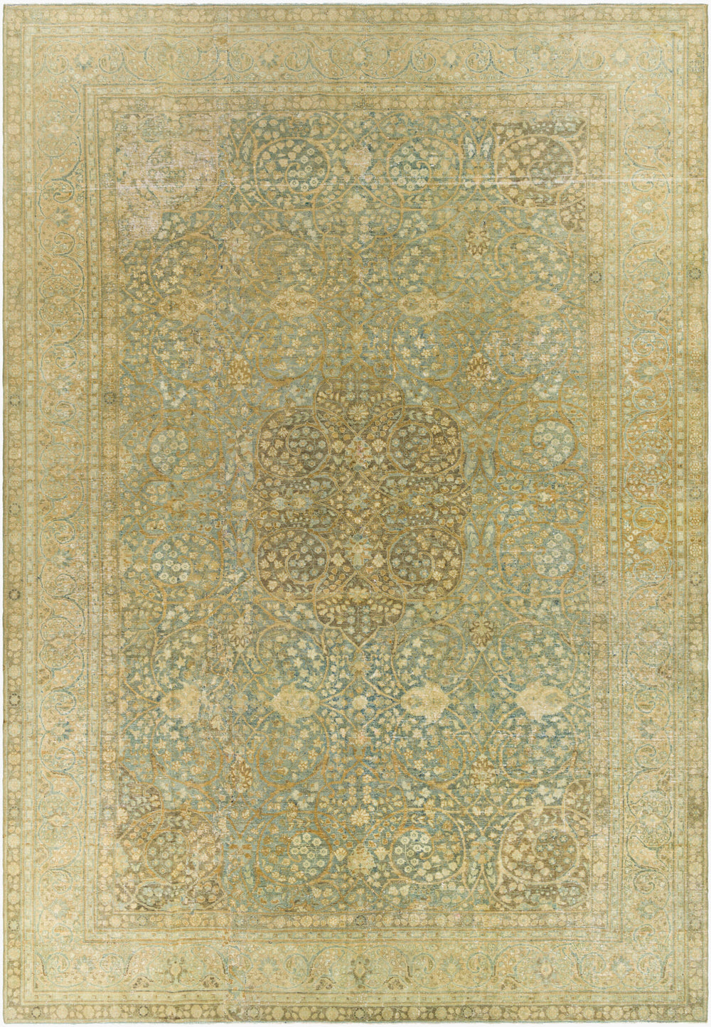 Antique Turkish hand-knotted rug in sage, 8'1" x 11'9", full view