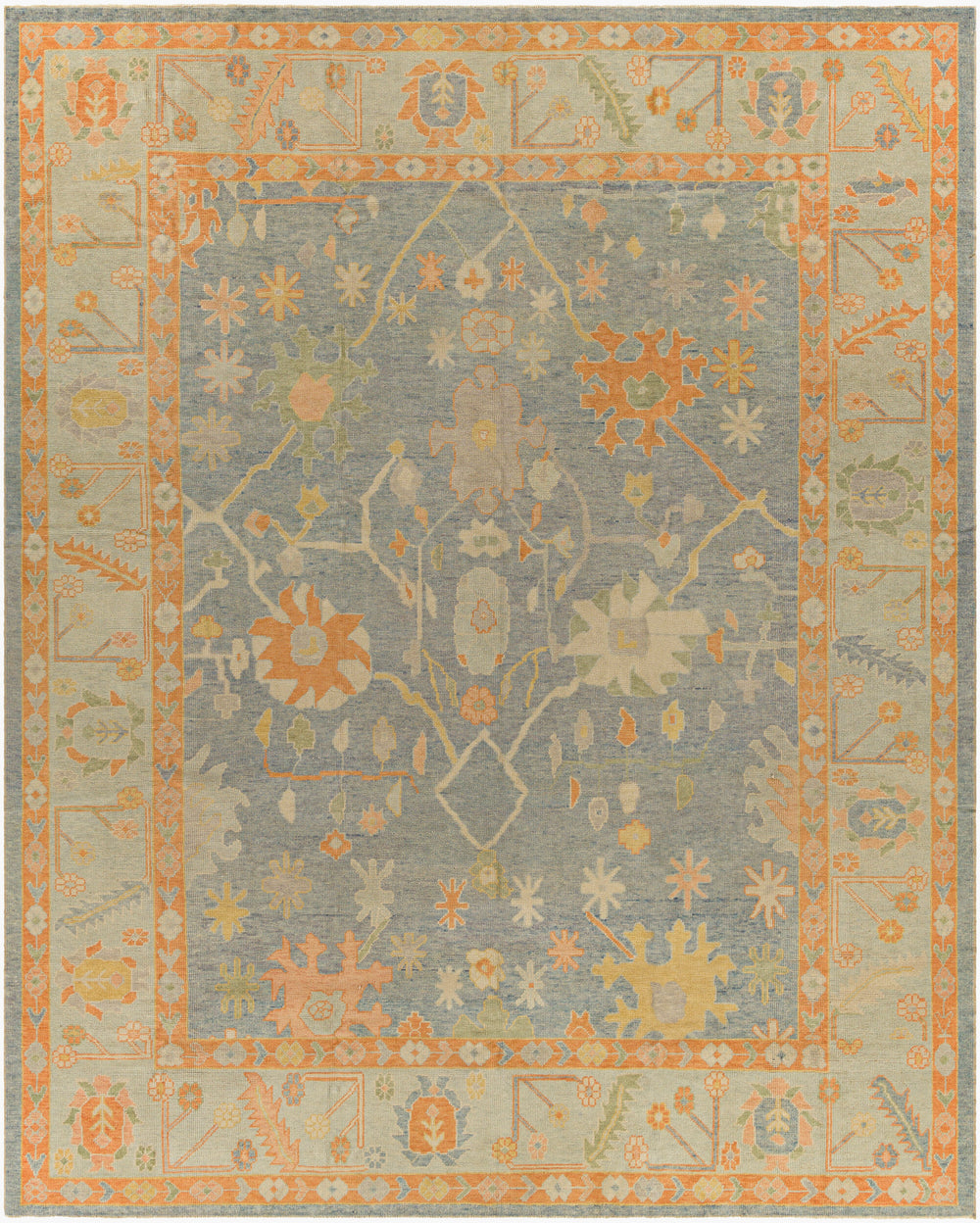 Antique Turkish hand-knotted rug in sky blue, 10'8" x 13'6", full view