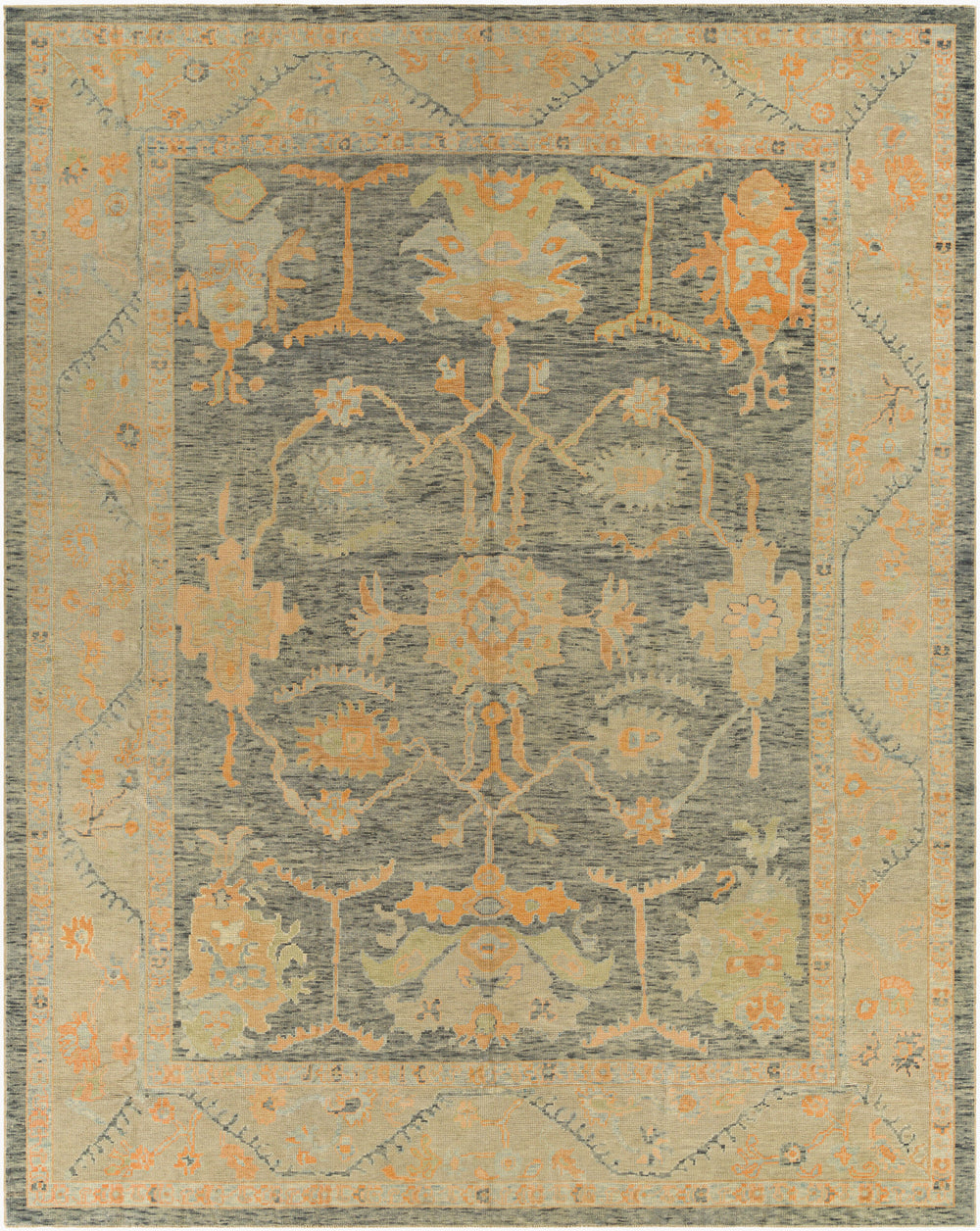 Antique Turkish hand-knotted rug in slate grey, 10' x 13', full view