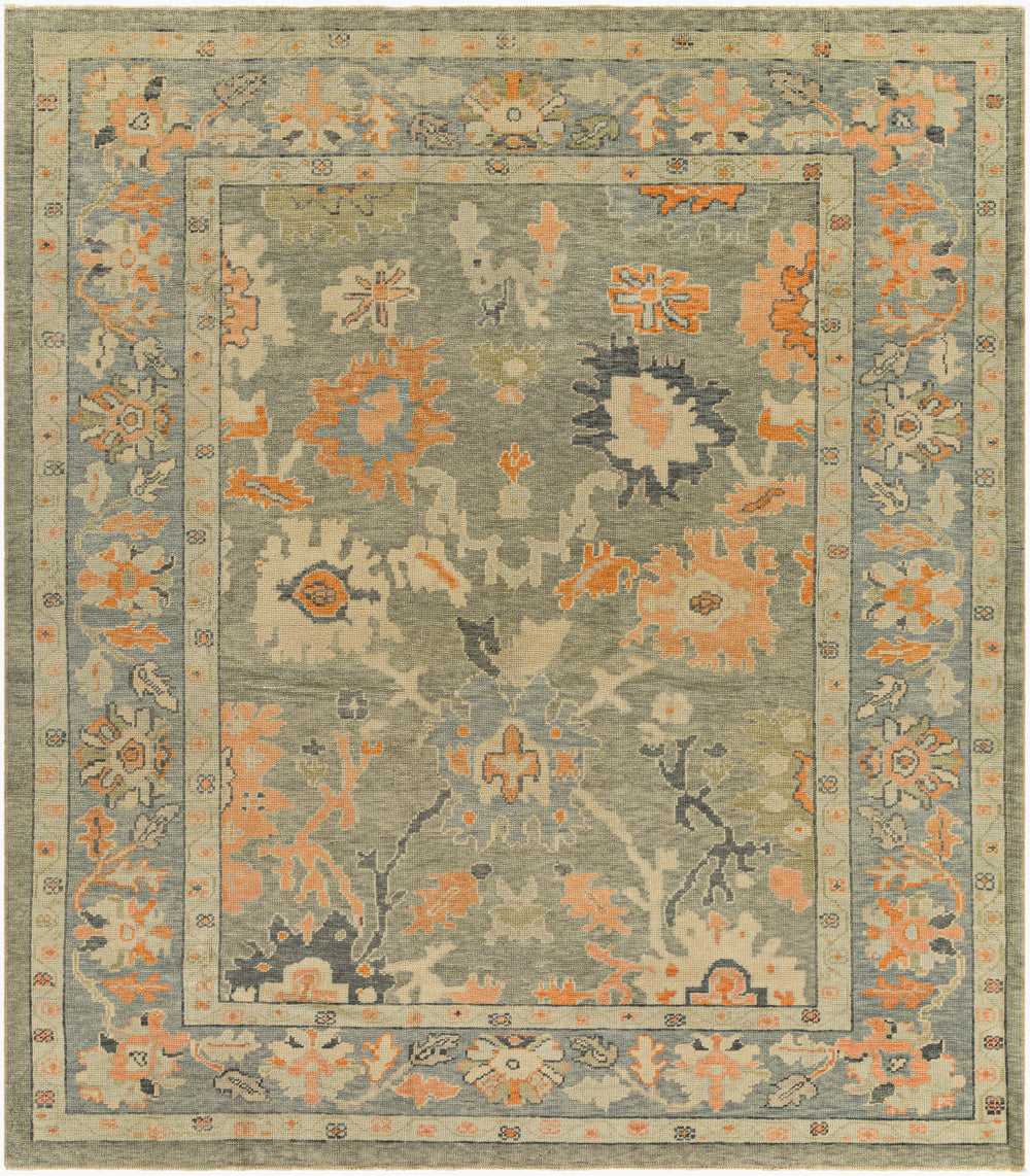 Antique Turkish hand-knotted rug in sage, 8'4" x 9'6", full view