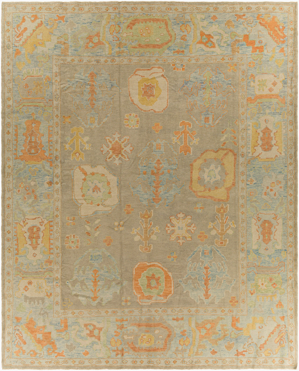 Antique Turkish hand-knotted rug in sage, 8'7" x 10'6", full view