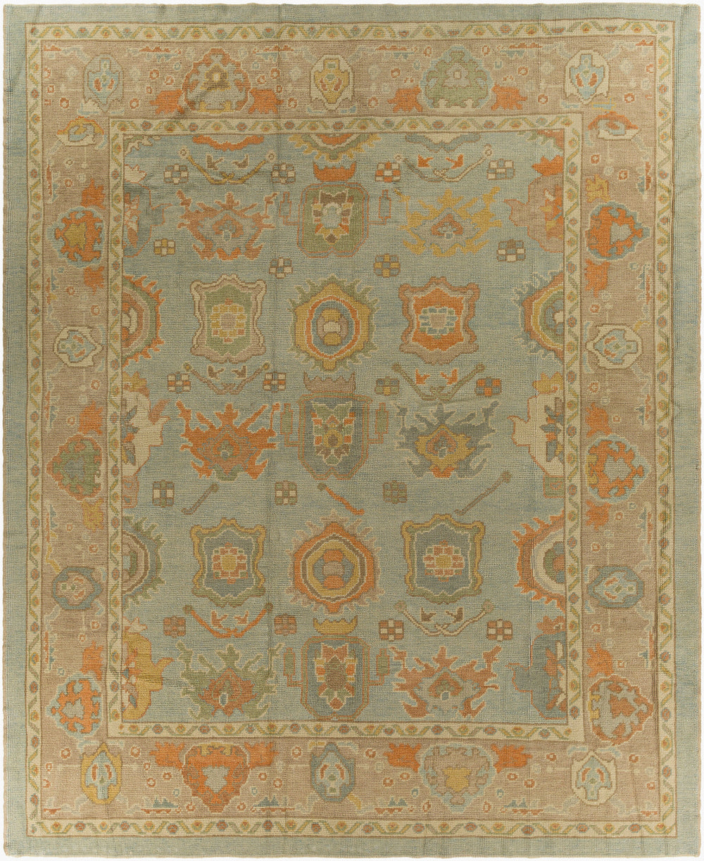 Antique Turkish hand-knotted rug in sage, 8'9" x 10'8", full view