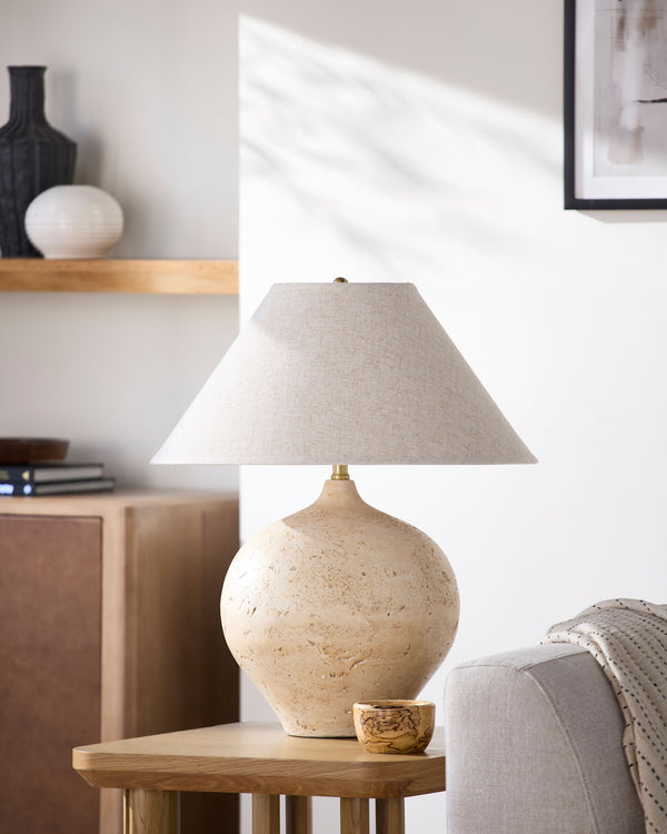 Pomarico Accent Table Lamp in wheat, styled in a room