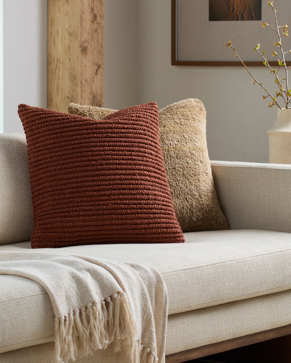 Teris Accent Pillow TERS-003 in Rust, styled in a room