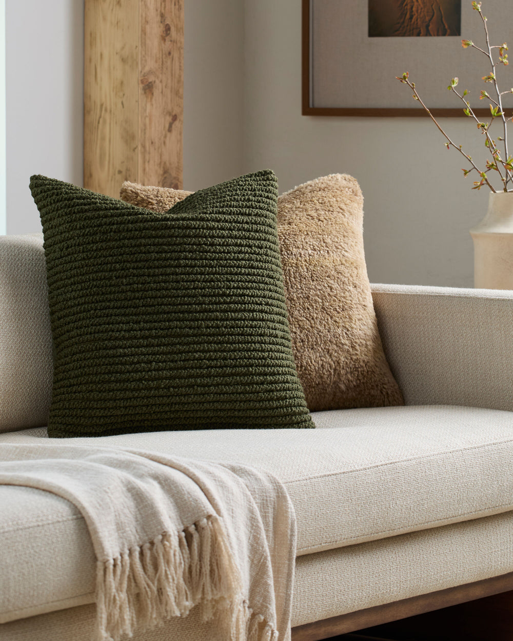 Teris Accent Pillow TERS-004 in Olive, styled in a room