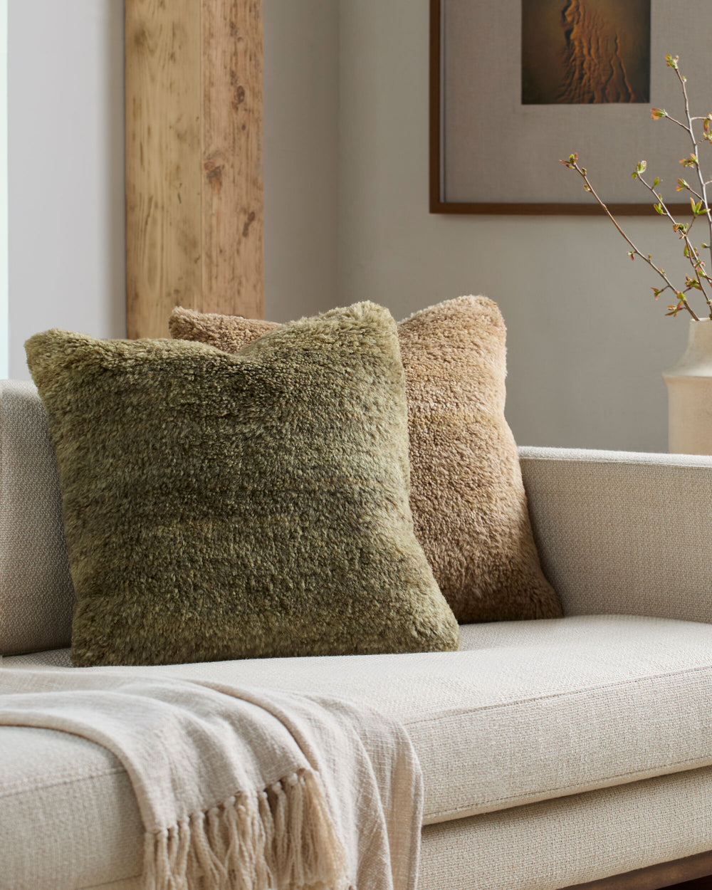 Velan Accent Pillow VLAN-004 in Olive, styled in a room