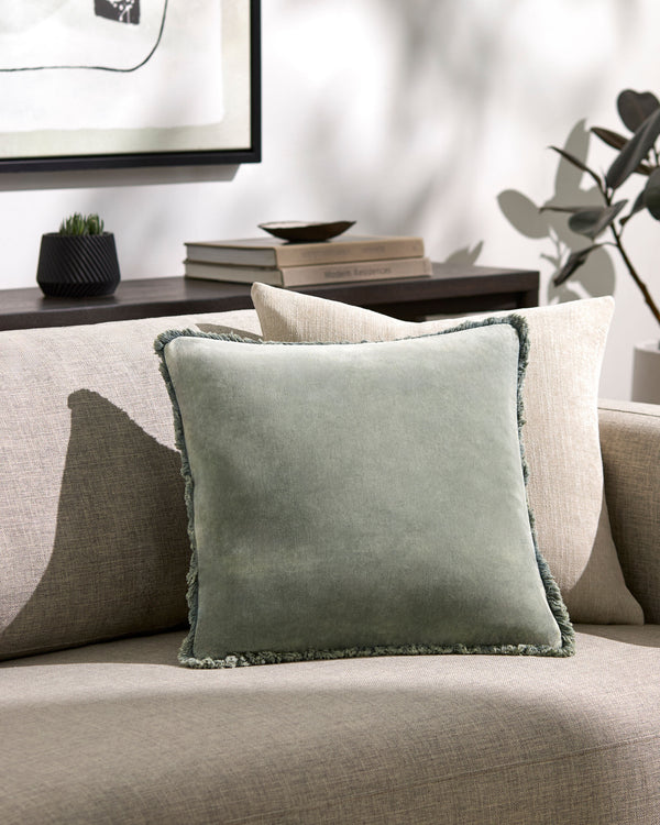 Washed Cotton Velvet Accent Pillow WCV-005 in Sage, styled in a room