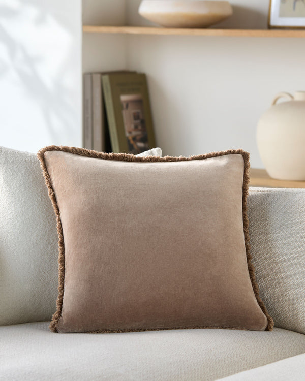 Washed Cotton Velvet Accent Pillow WCV-009 in Taupe, styled in a room