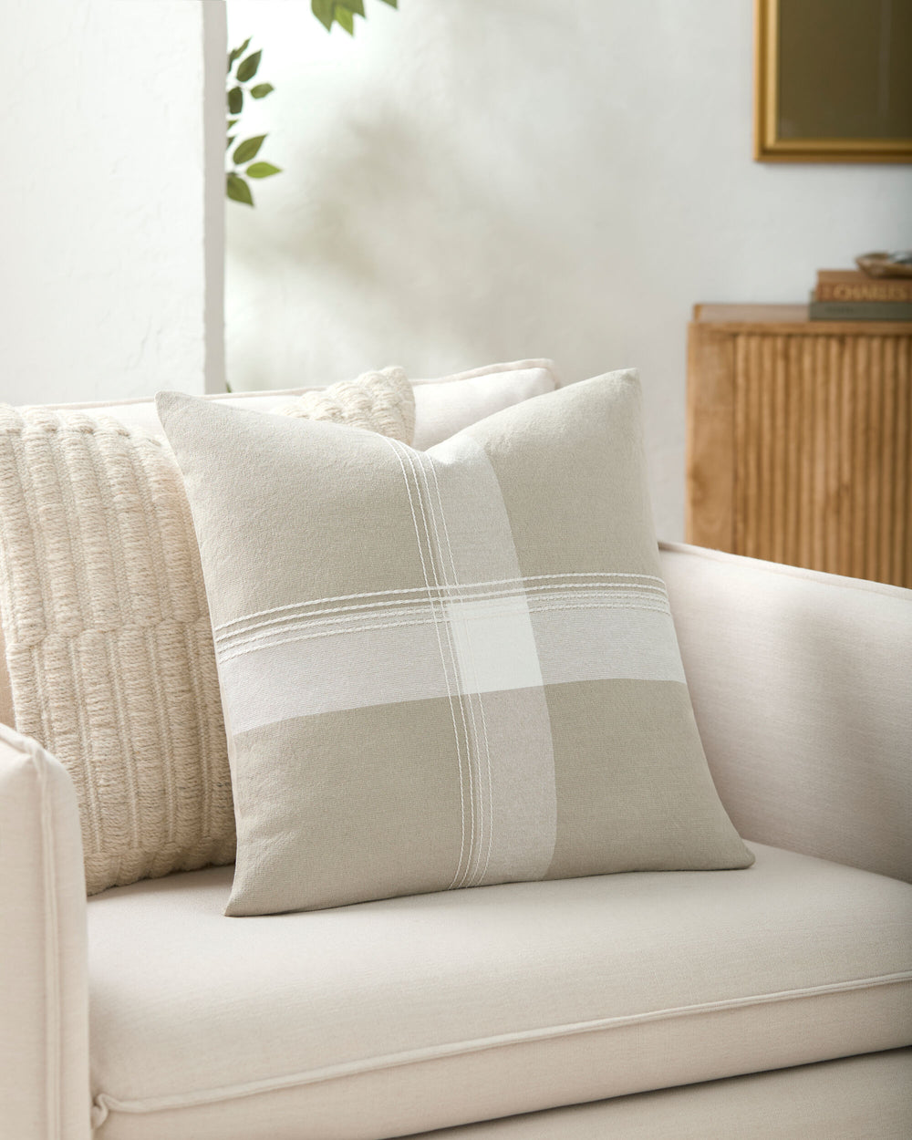 Wagga Accent Pillow WGA-001 in Taupe, styled in a room