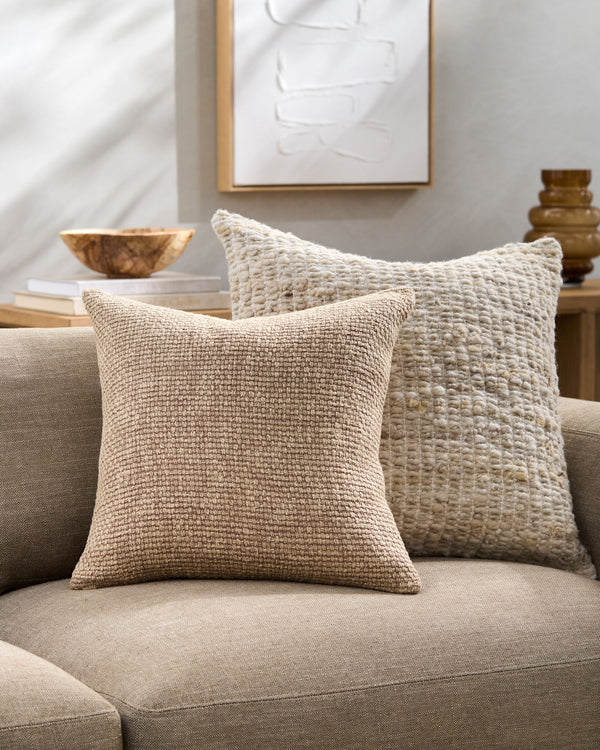 Washed Texture Accent Pillow WTE-003 in Beige, styled in a room